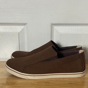 UGG Brown Canvas Slip On Sneakers leather shearling ankle cup sz 12 S/N 1004231